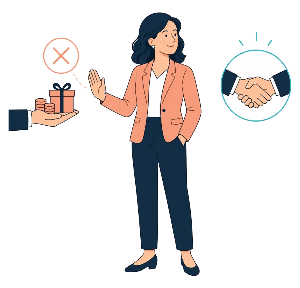 Woman declining an offered gift and cash while a handshake icon remains steady, representing independence from commissions