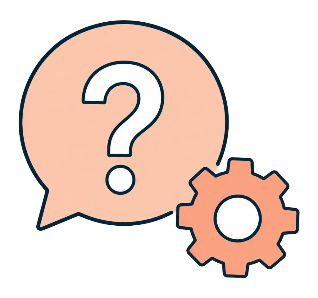 Question mark speech bubble beside a gear icon, representing frequently asked questions