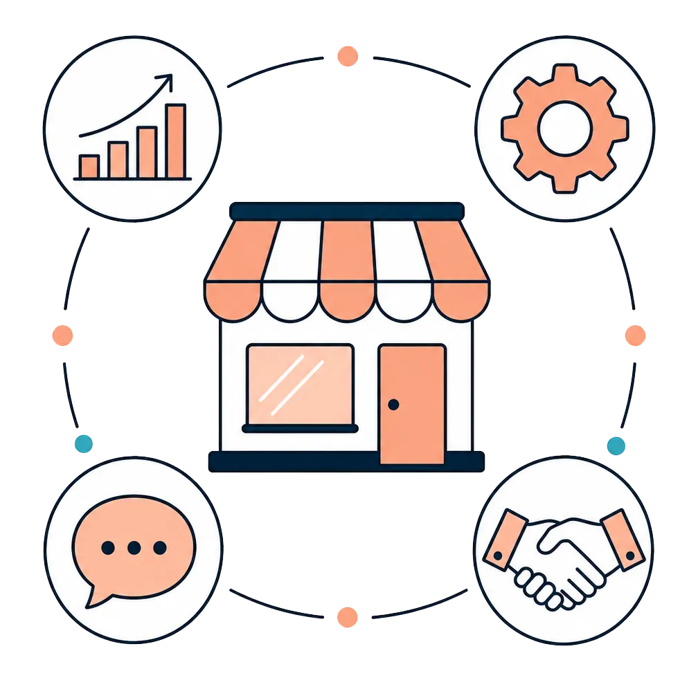 Shopfront icon surrounded by supporting icons for charts, automation, conversation and partnership