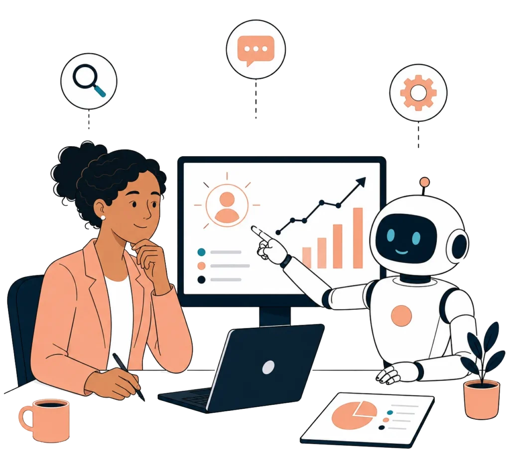 Woman working alongside a friendly AI assistant reviewing growth data on a screen