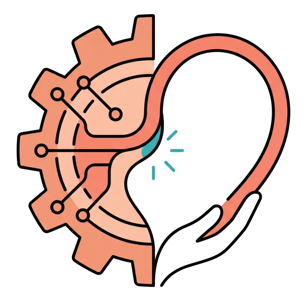 Gear icon blending into a heart shape held by a hand, representing technology balanced with human care