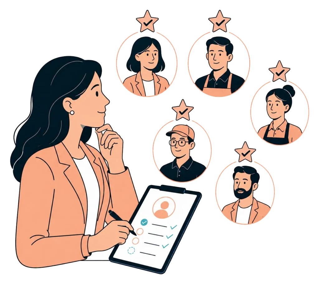 Woman reviewing profiles of top-performing franchisees marked with stars and checkmarks
