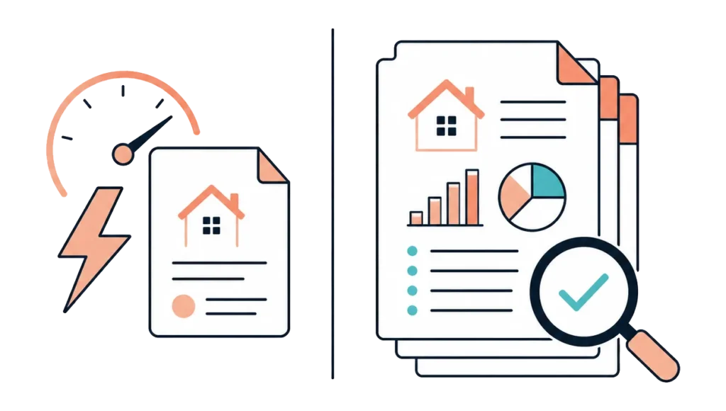 Quick desktop valuation icon beside a detailed, multi-page valuation report icon