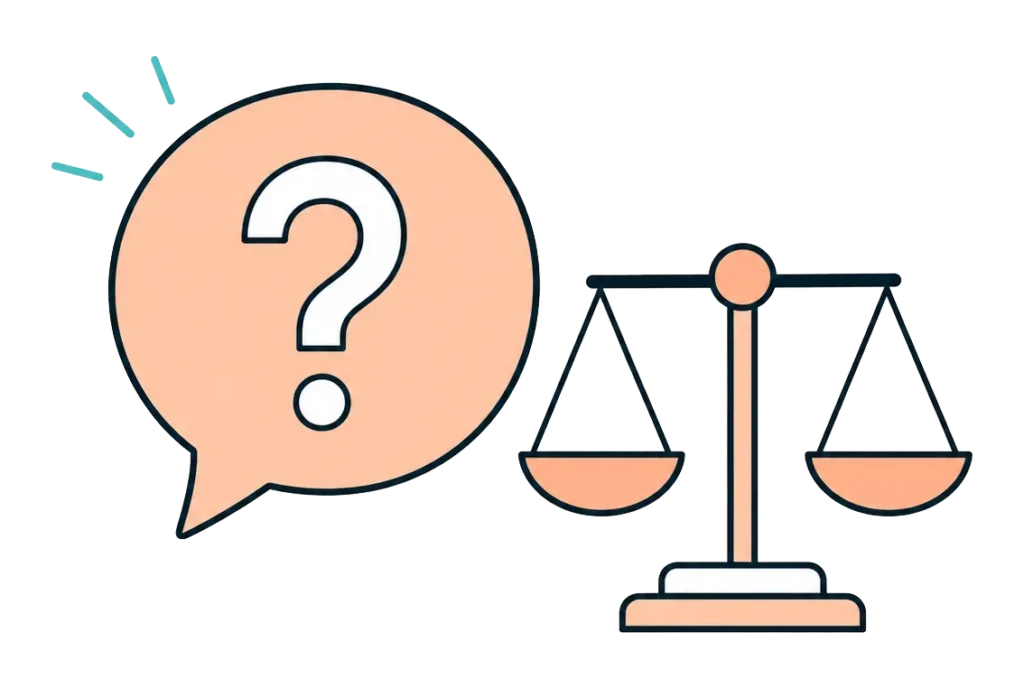 Question mark speech bubble beside a balanced scale icon