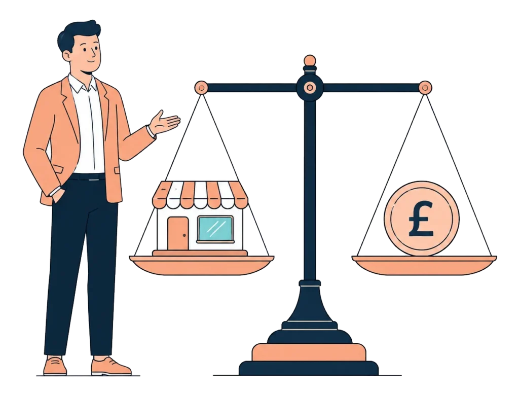 Man beside a balanced scale weighing a franchise shopfront against its value