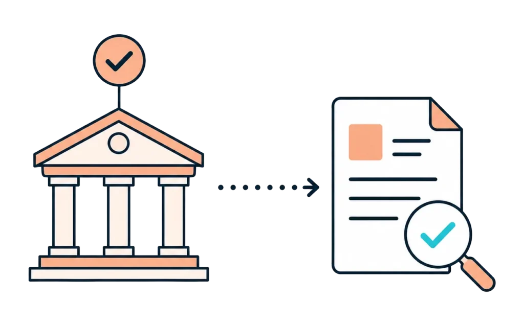 Bank icon marked with a checkmark, leading to a scrutinised valuation document