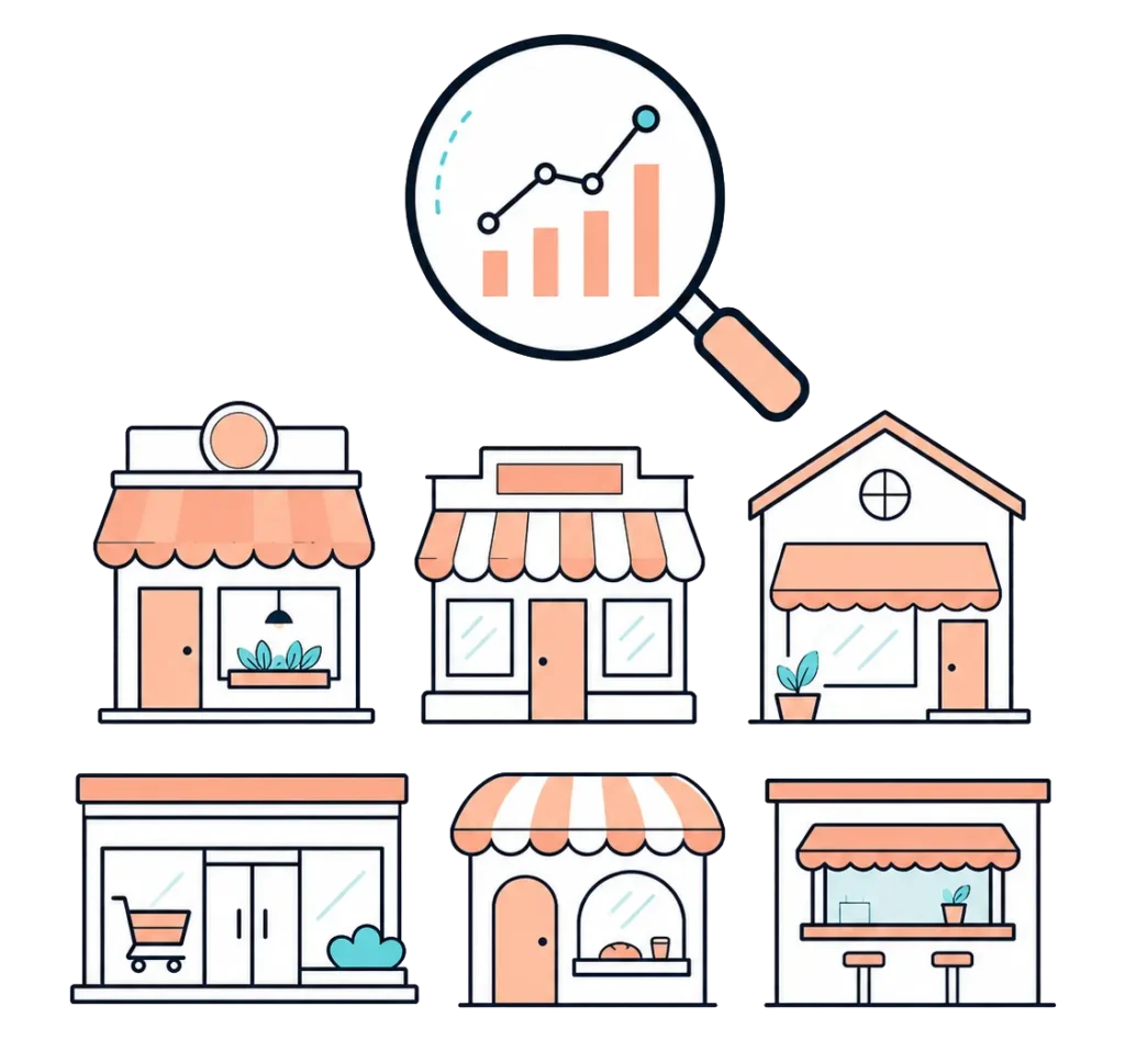 Magnifying glass with a chart scanning across a varied cluster of franchise shopfronts