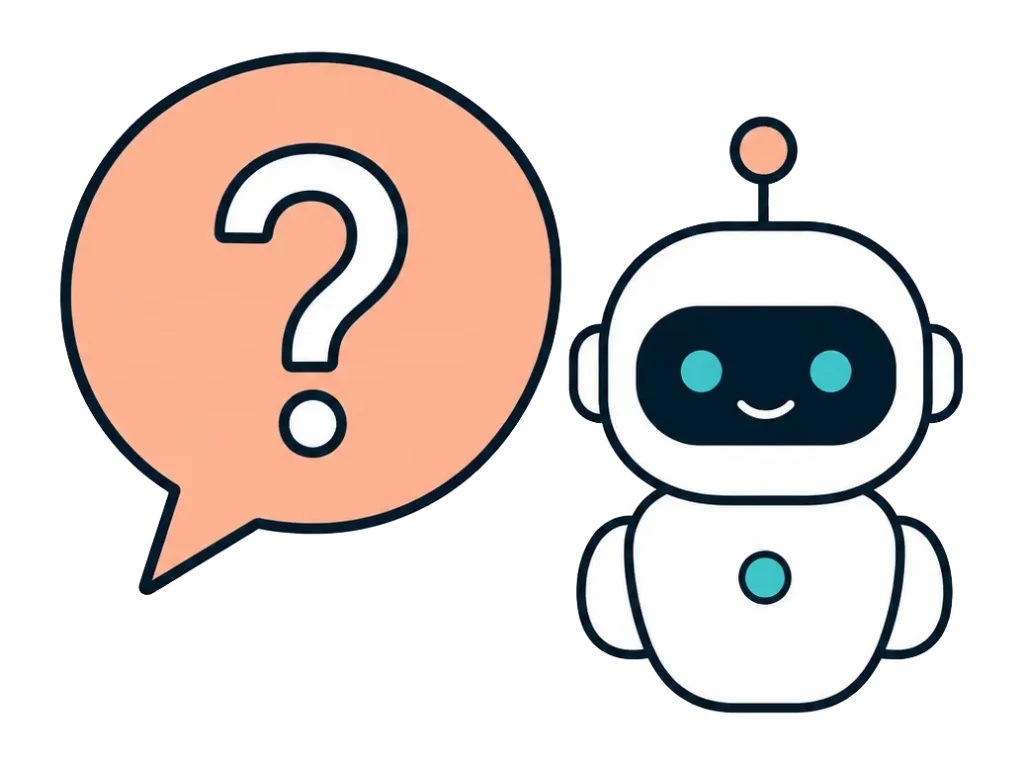 Question mark speech bubble beside a friendly AI assistant icon