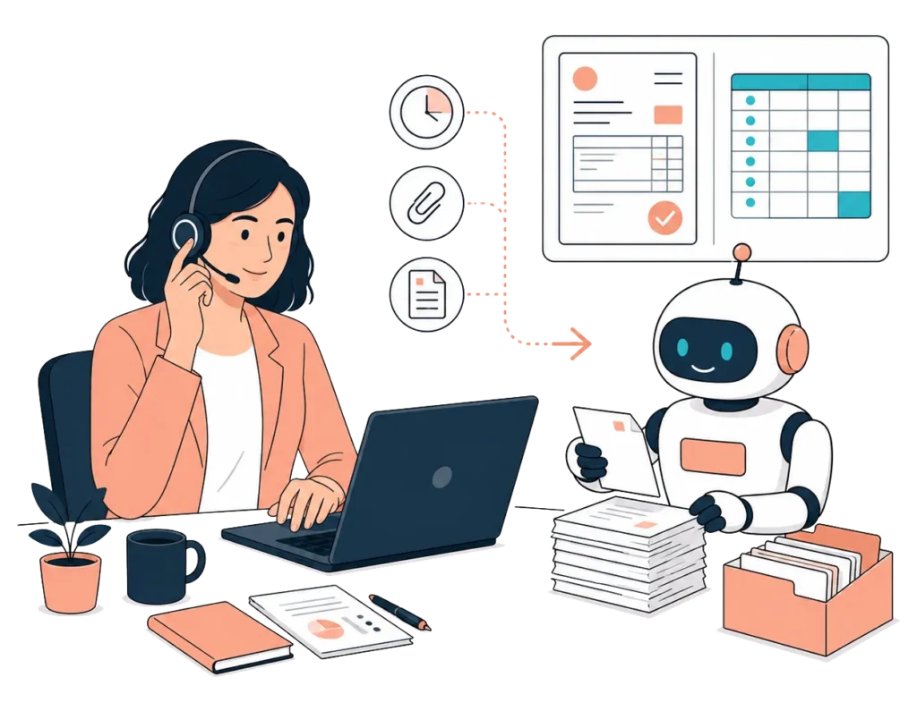Woman working at her desk while a friendly AI assistant manages documents, invoices and reporting