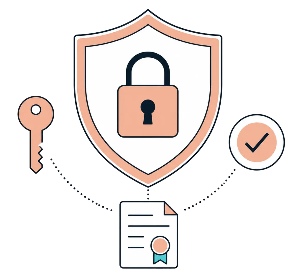 Shield with a padlock, key and certified document, representing data security