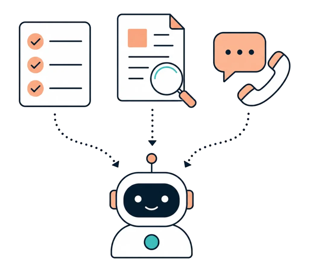Icons for rules, documents and conversations feeding into a central AI assistant icon