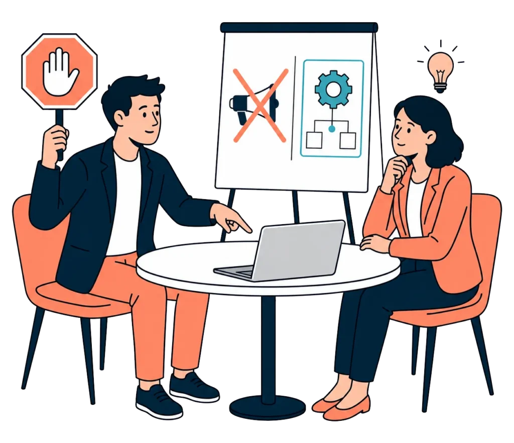Two people in a strategy session, pausing a marketing campaign to fix the model first
