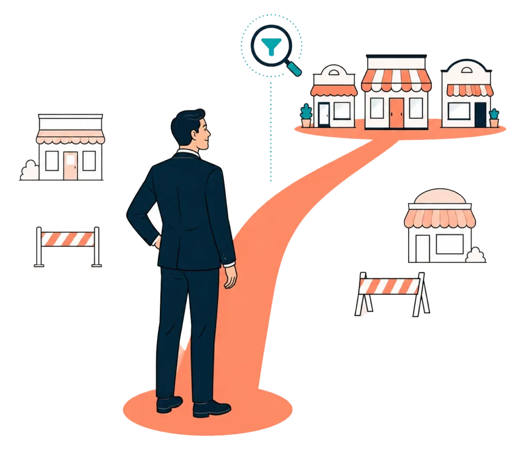 Franchisor choosing a selective recruitment path towards the right franchisees, guided by a magnifying glass