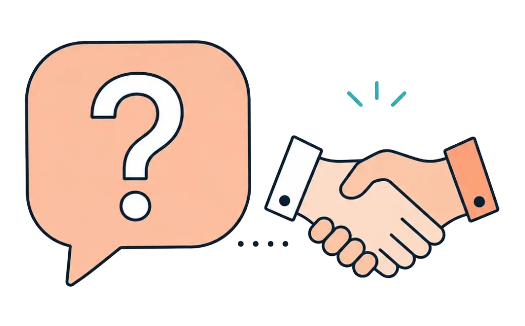 Question mark speech bubble beside a handshake icon
