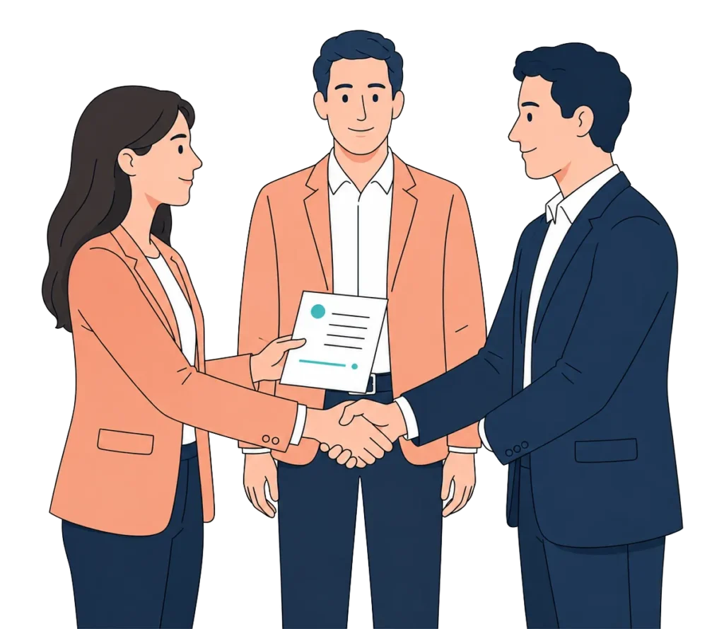 Buyer and seller shaking hands over a contract, with franchisor approval shown behind them
