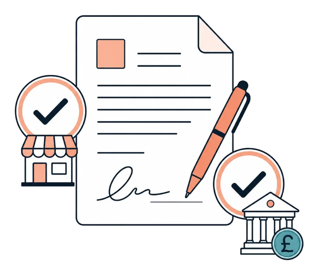 Signed contract document with additional franchisor and lender approval stamps