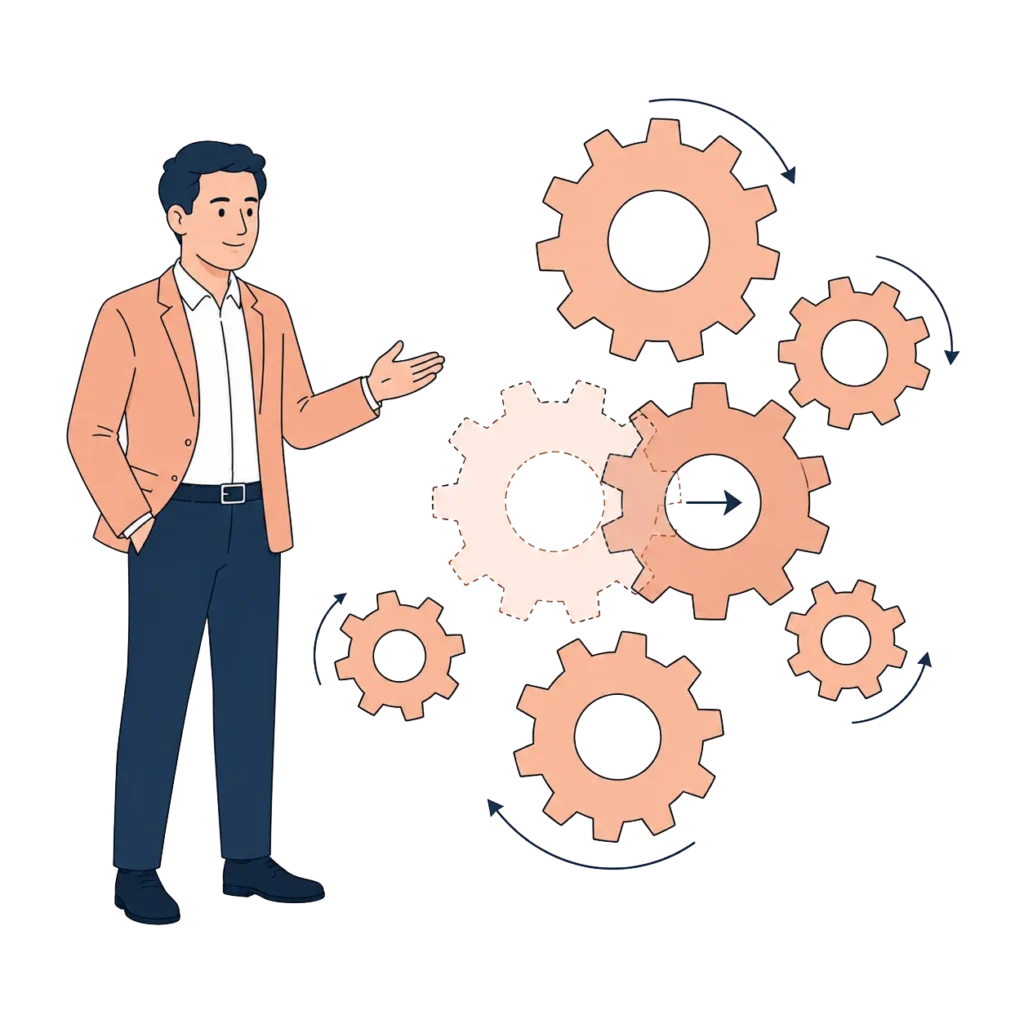 Franchisor beside a network diagram of connected cogs