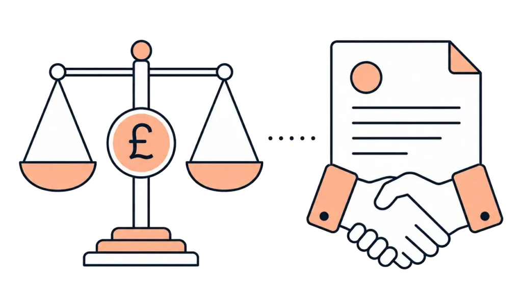 Balanced scale icon connected by a dotted line to a handshake and contract icon
