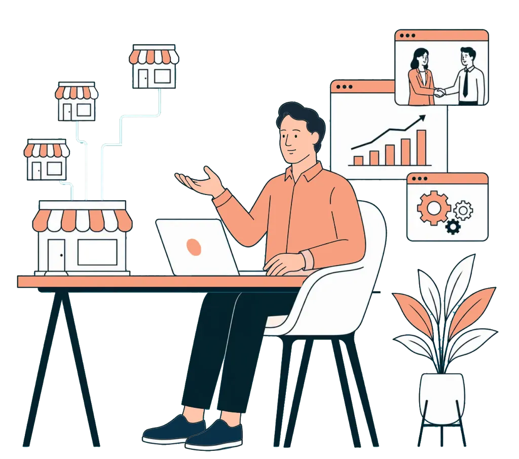 Man at his desk overseeing franchise growth, with connected shopfronts, a handshake, growth chart and automation icons on screen
