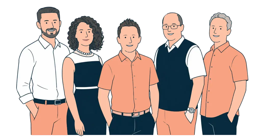 Illustrated group of five Chantry team members standing together