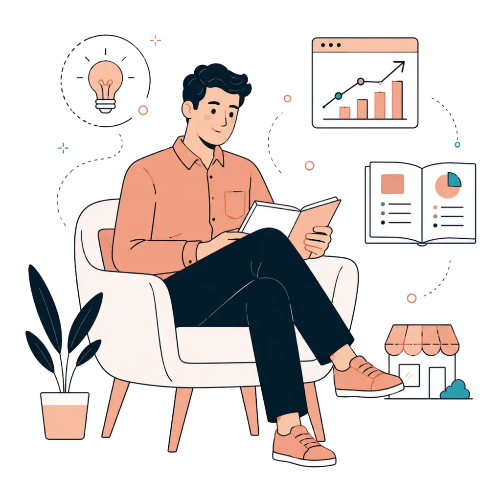 Man reading in an armchair surrounded by icons for ideas, growth charts and franchise guidance