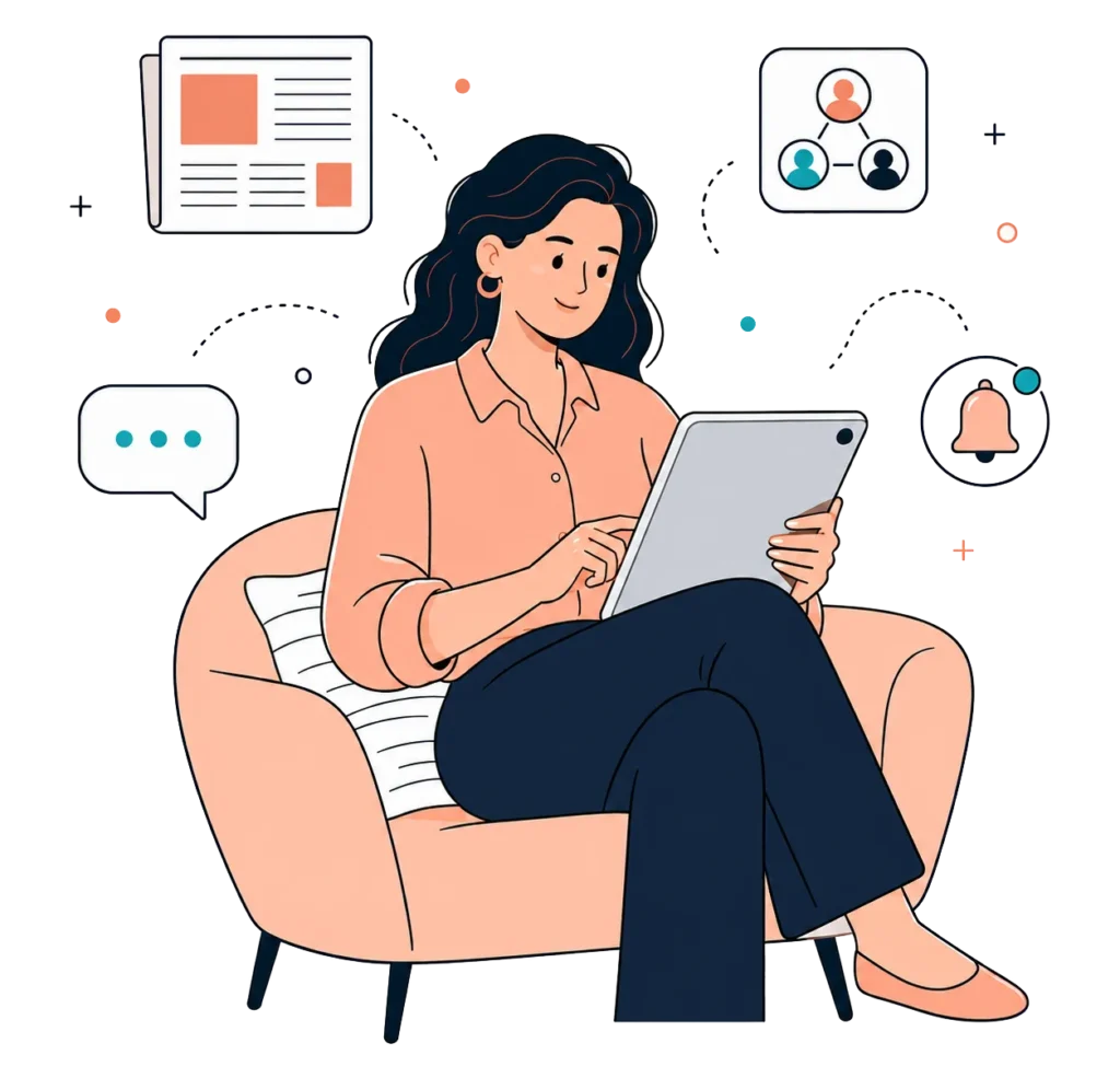 Woman reading news and social updates on a tablet, surrounded by icons for articles, notifications and community