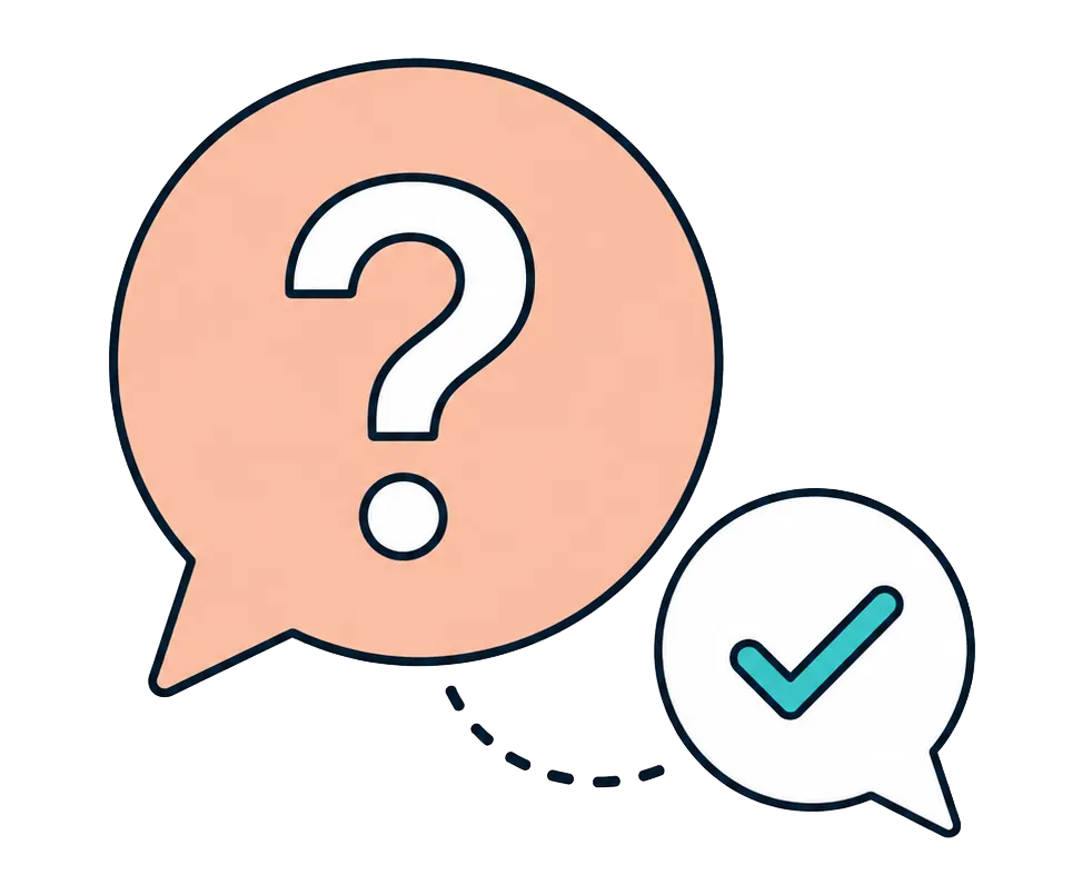 Question mark speech bubble beside a checkmark, representing frequently asked questions