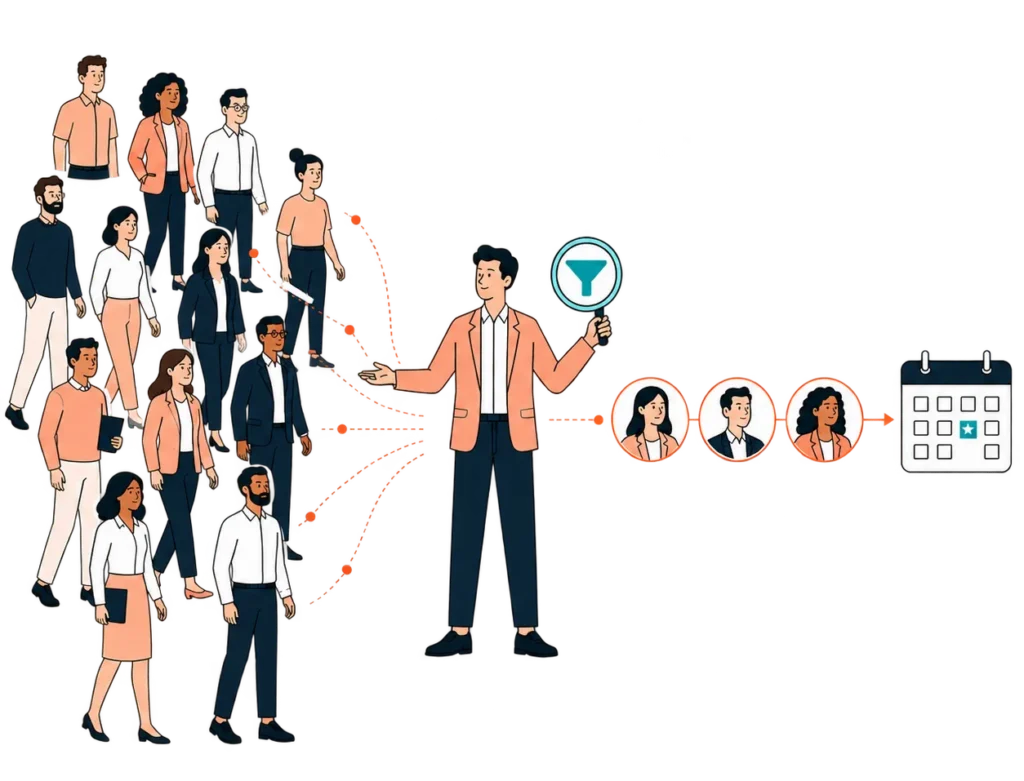 Man filtering a crowd of prospects through a funnel to reach qualified candidates ready for Discovery Day